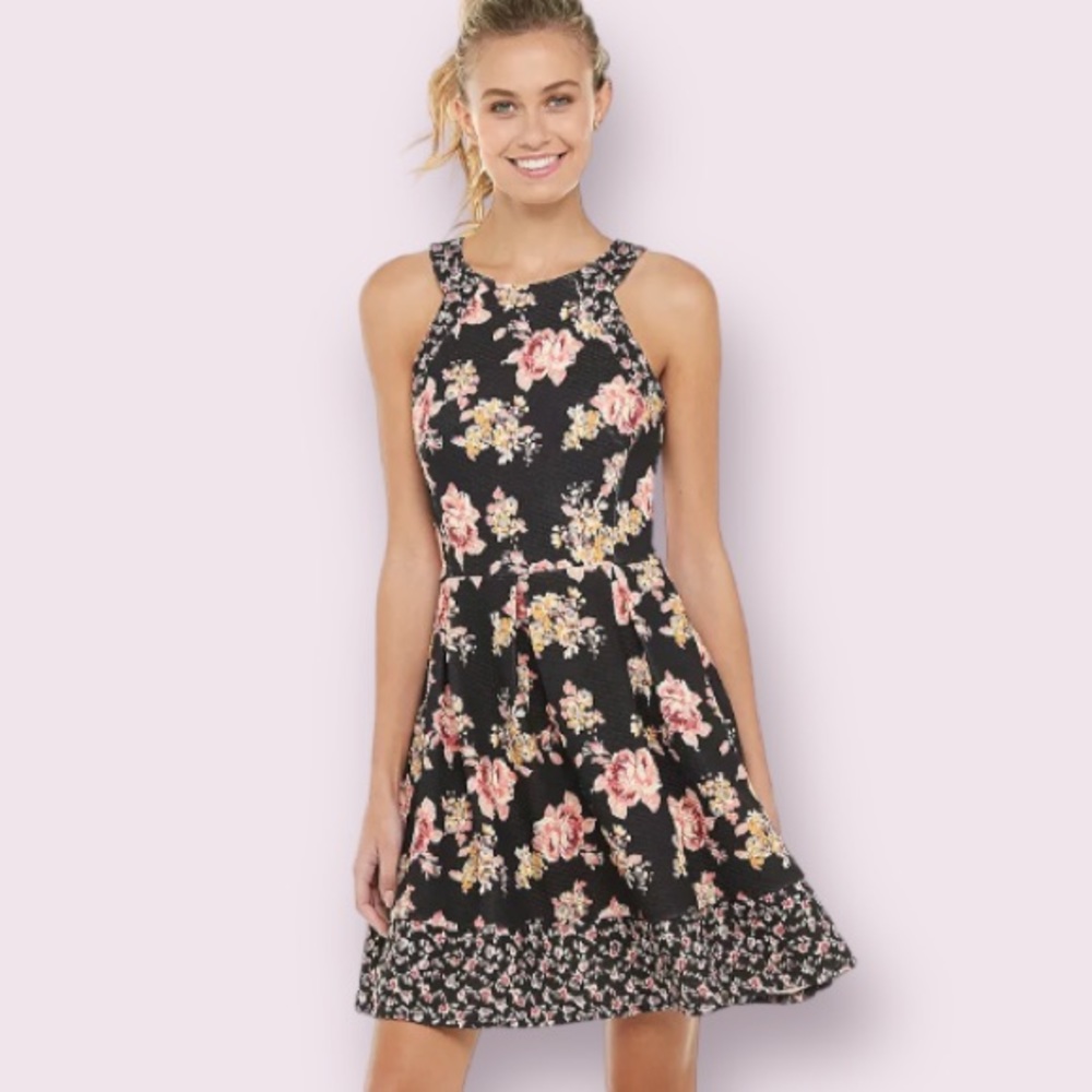 Rewind Mixed Print Textured Knit Skater Dress in Black Floral